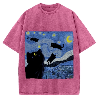 he Starry Night And Cat Vintage Washed T-shirt