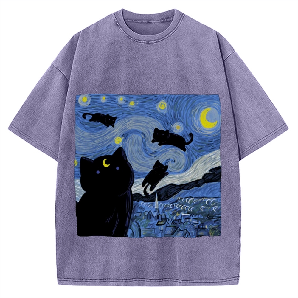 he Starry Night And Cat Vintage Washed T-shirt