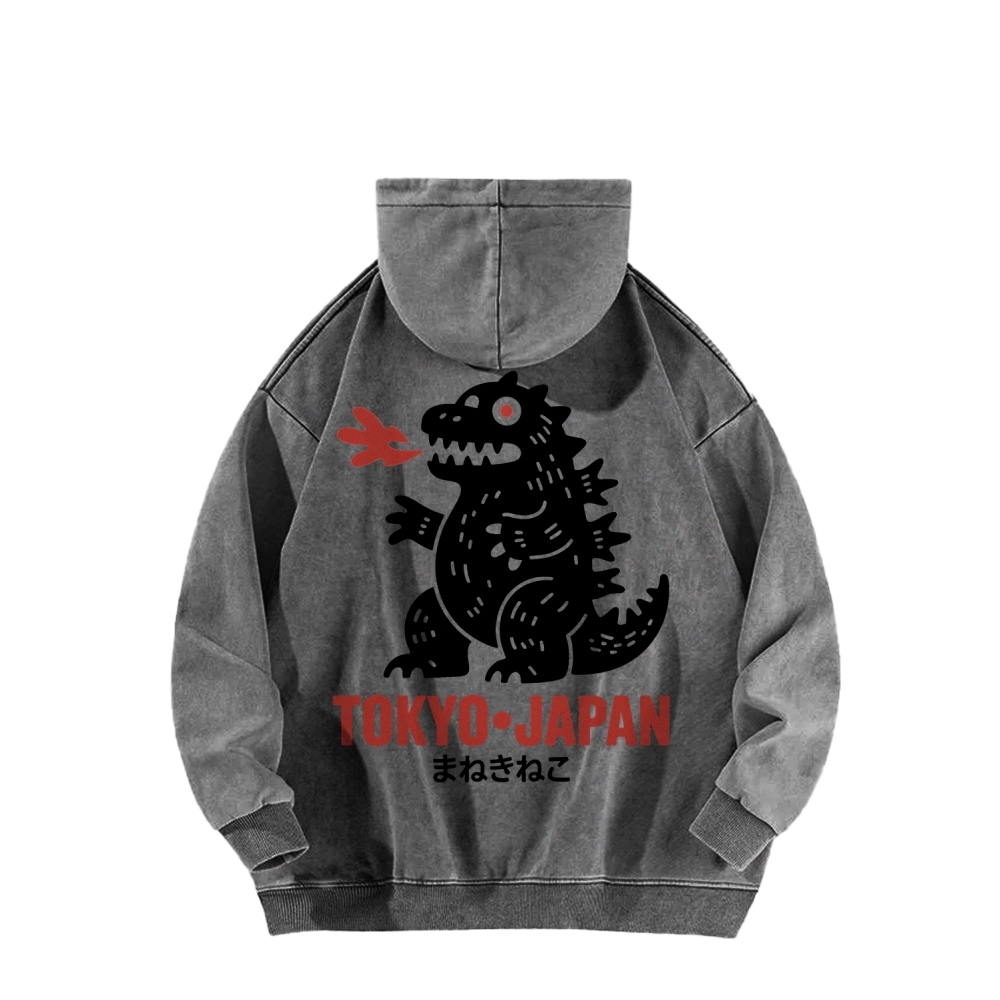 Lucky Monster Front And Back Printing Vintage Washed Hoodie
