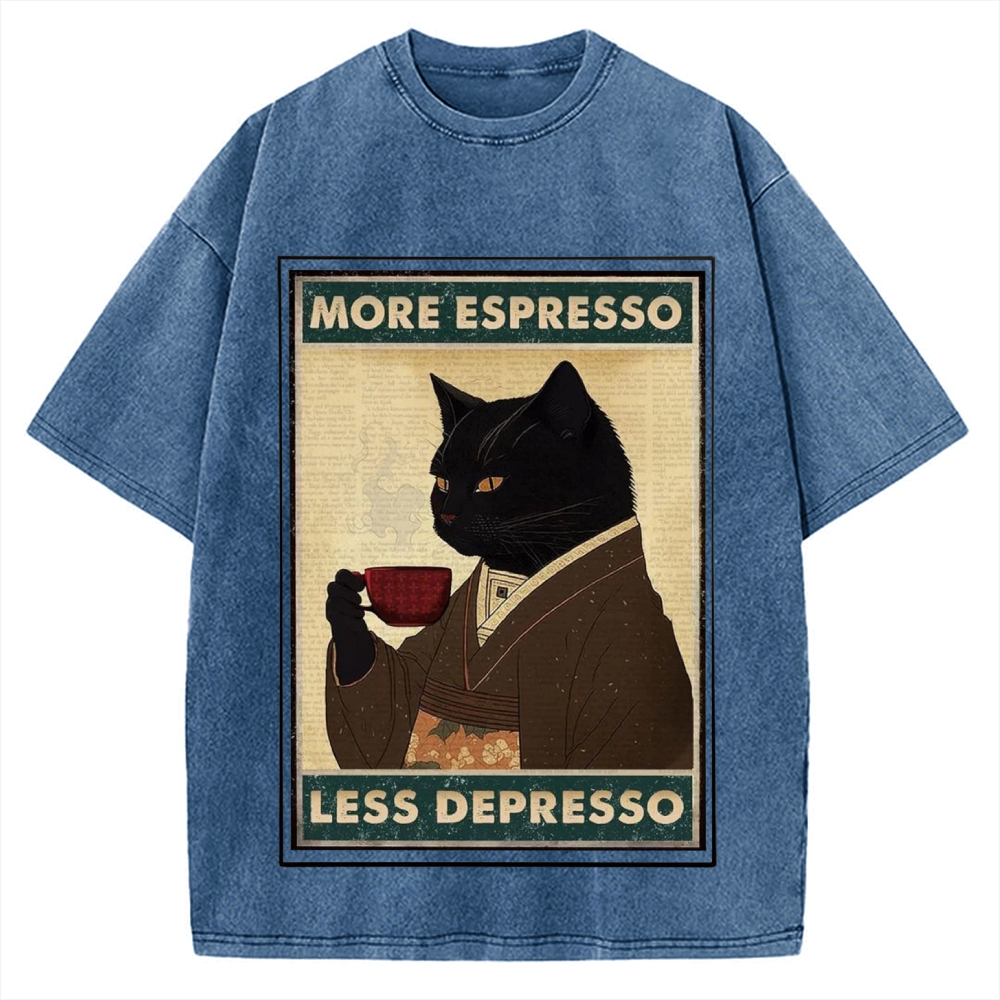 More Espresso Less Depresso Coffee Cat Vintage Washed T-shirt