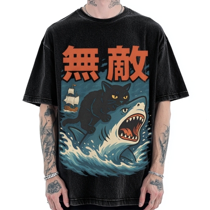 Funny Cat riding a shark Invincible Vintage Washed T-shirt