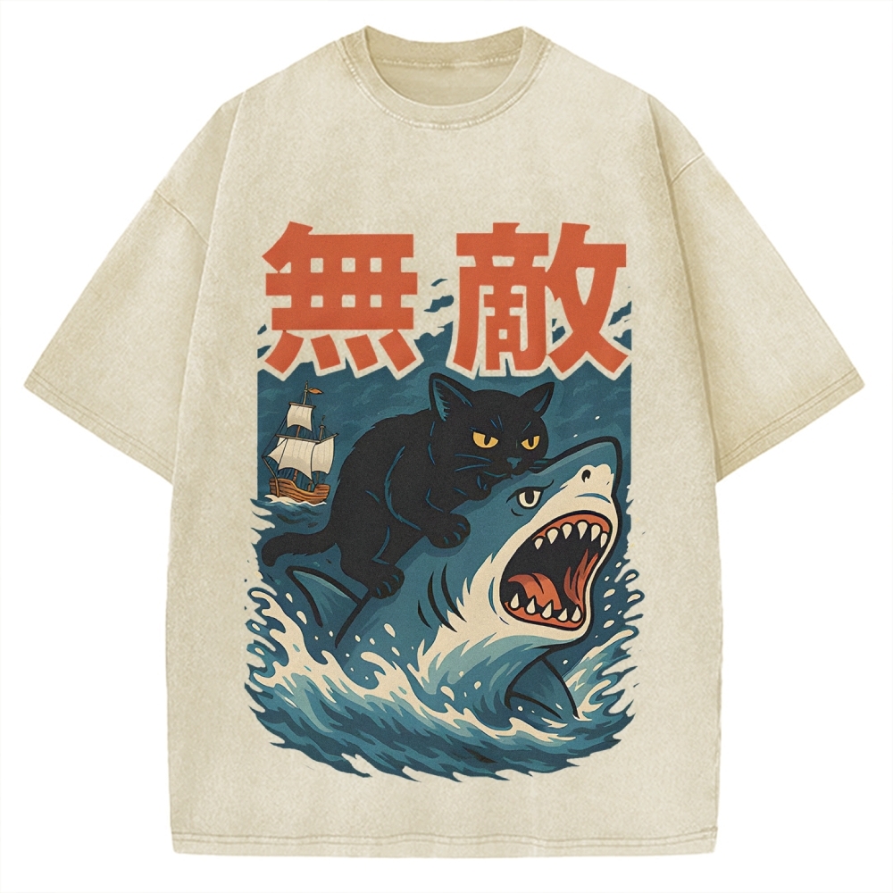 Funny Cat riding a shark Invincible Vintage Washed T-shirt