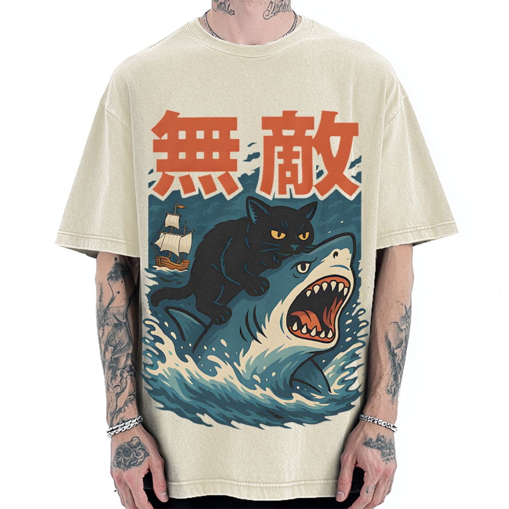 Funny Cat riding a shark Invincible Vintage Washed T-shirt