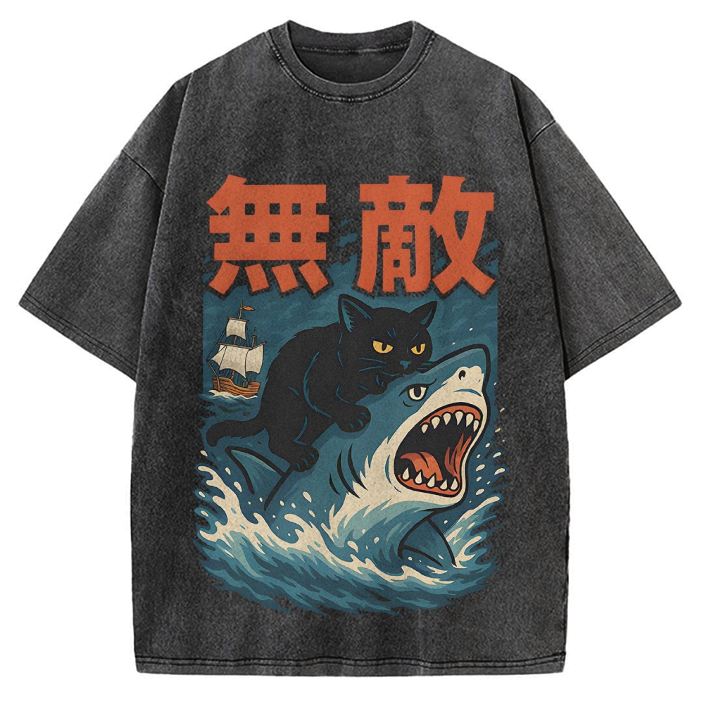 Funny Cat riding a shark Invincible Vintage Washed T-shirt
