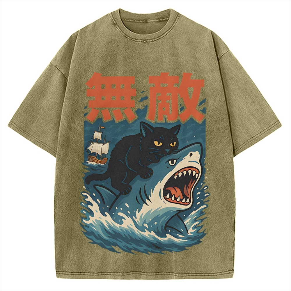 Funny Cat riding a shark Invincible Vintage Washed T-shirt