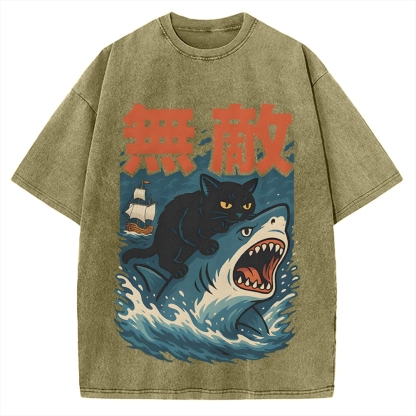 Funny Cat riding a shark Invincible Vintage Washed T-shirt
