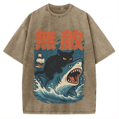 Funny Cat riding a shark Invincible Vintage Washed T-shirt