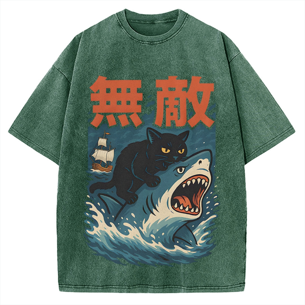 Funny Cat riding a shark Invincible Vintage Washed T-shirt