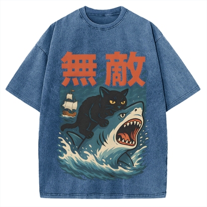 Funny Cat riding a shark Invincible Vintage Washed T-shirt