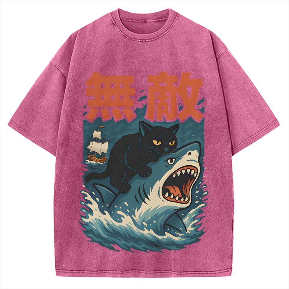 Funny Cat riding a shark Invincible Vintage Washed T-shirt