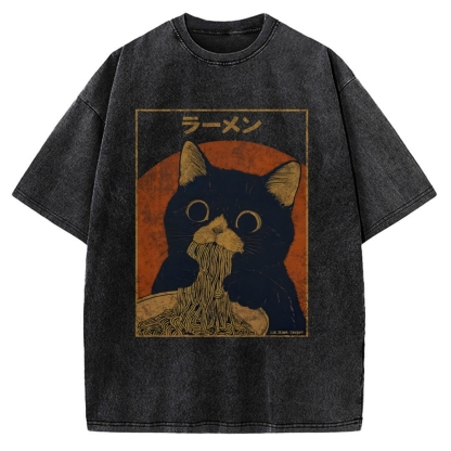 Black cat eating ramen Vintage Washed T-shirt