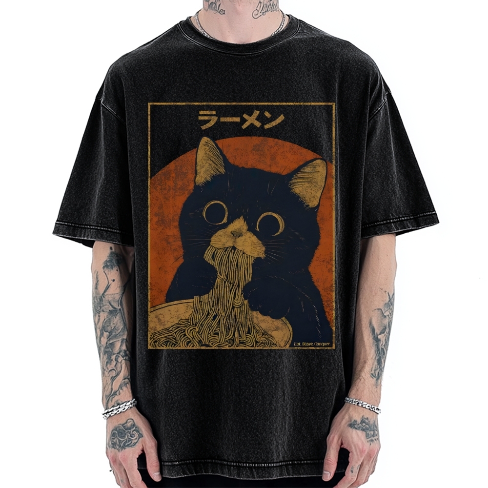 Black cat eating ramen Vintage Washed T-shirt