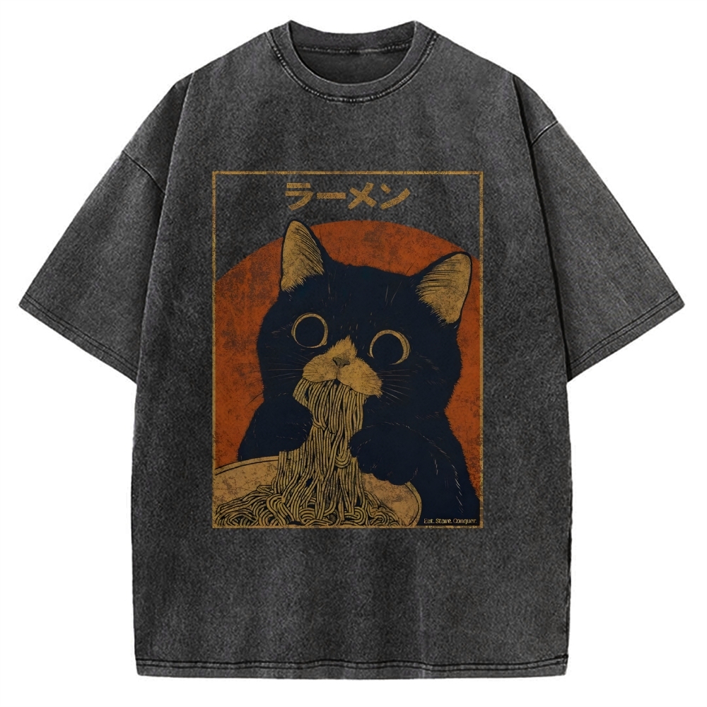Black cat eating ramen Vintage Washed T-shirt