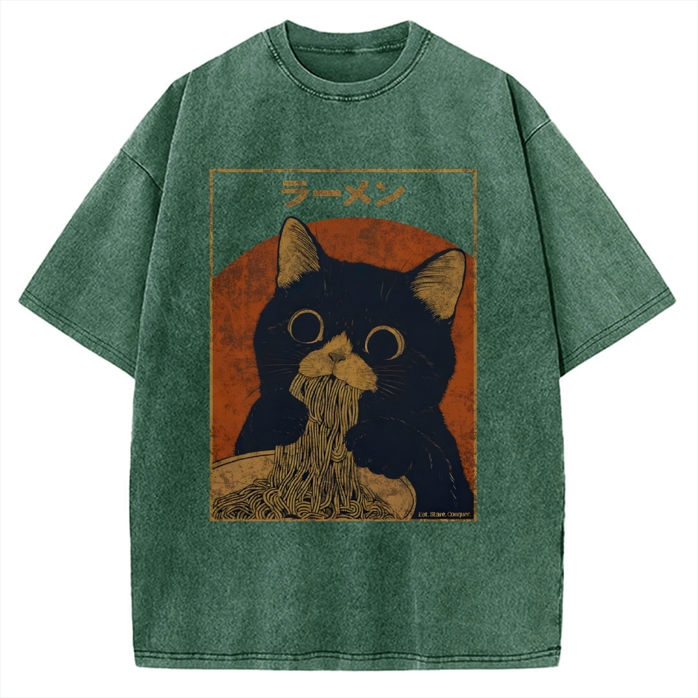 Black cat eating ramen Vintage Washed T-shirt