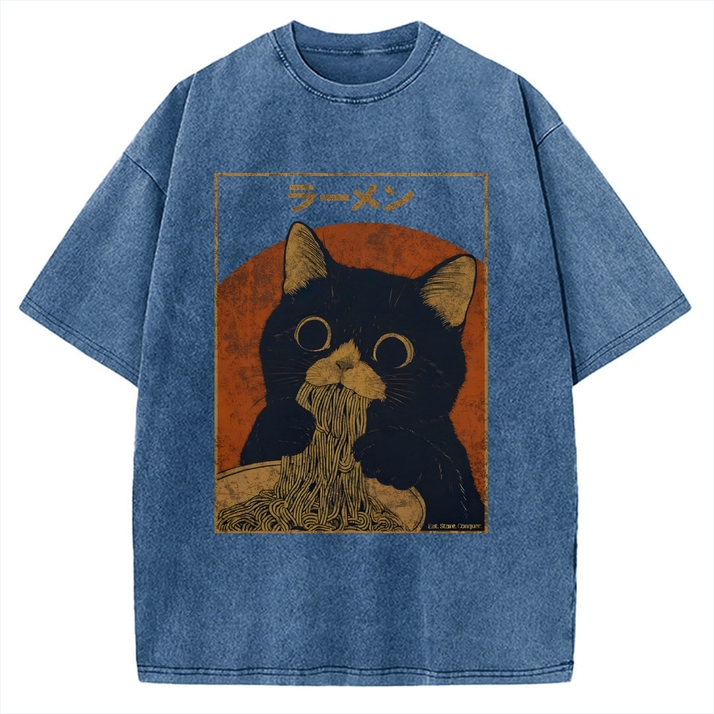 Black cat eating ramen Vintage Washed T-shirt