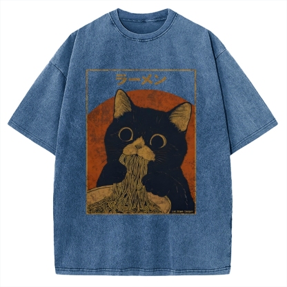 Black cat eating ramen Vintage Washed T-shirt