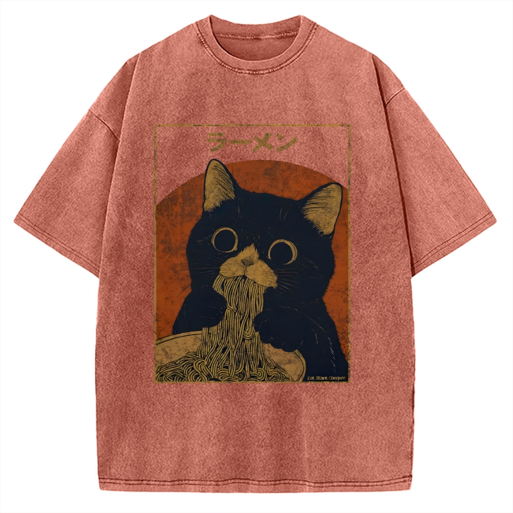 Black cat eating ramen Vintage Washed T-shirt