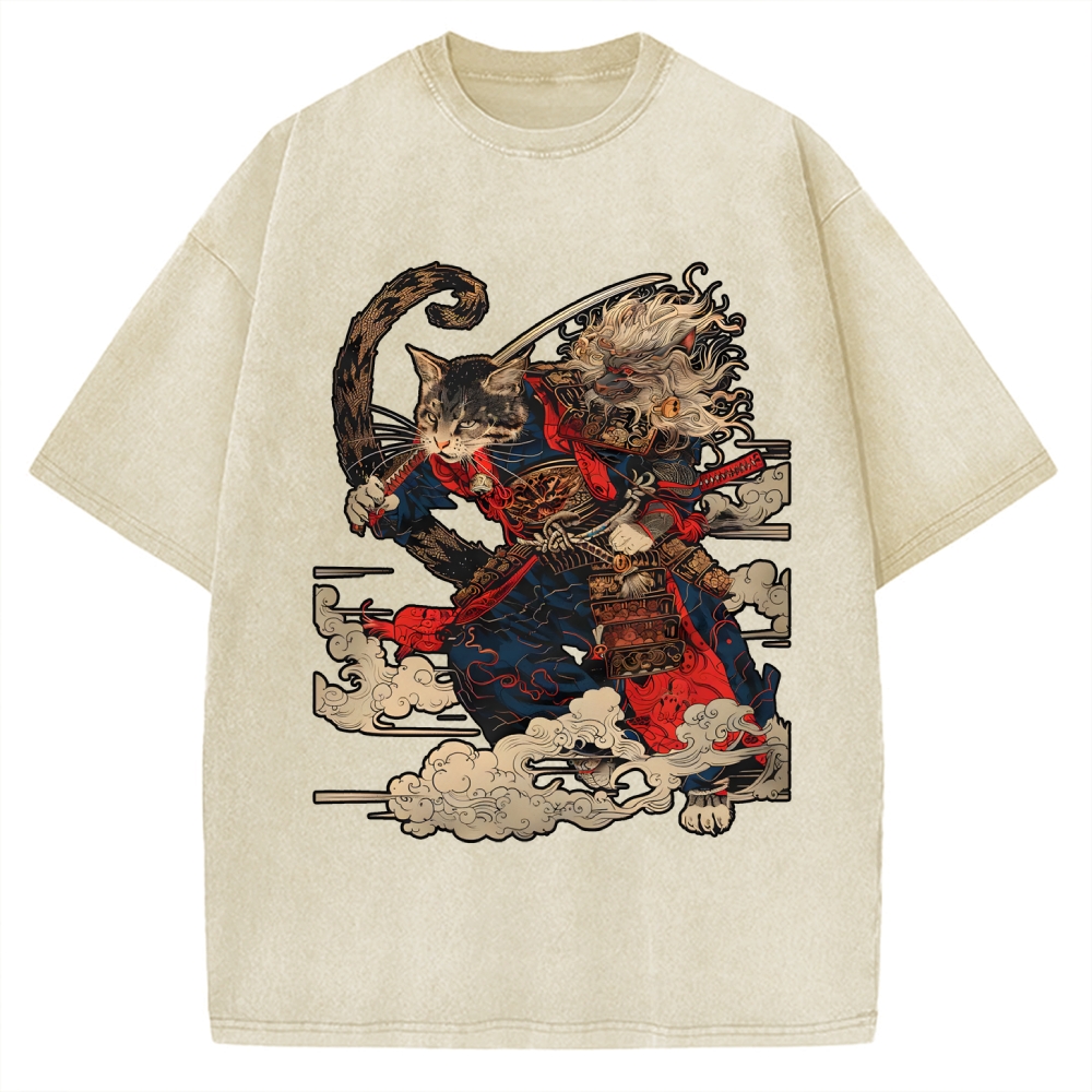 Cat Samurai Vintage Washed T-shirt