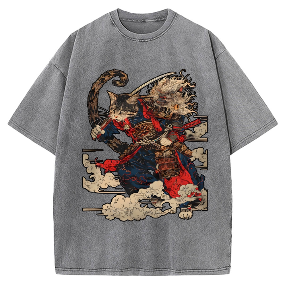 Cat Samurai Vintage Washed T-shirt