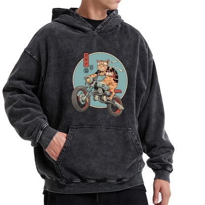 Cat riding a motorcycle Vintage Washed Hoodie