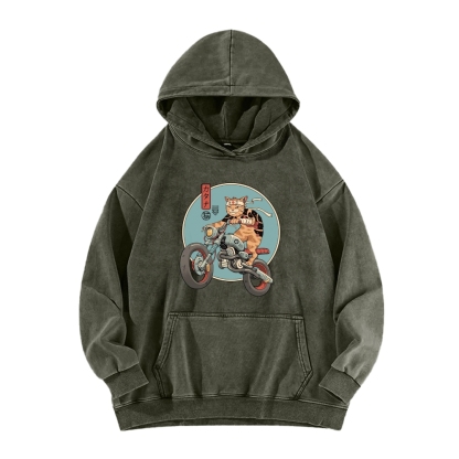 Cat riding a motorcycle Vintage Washed Hoodie