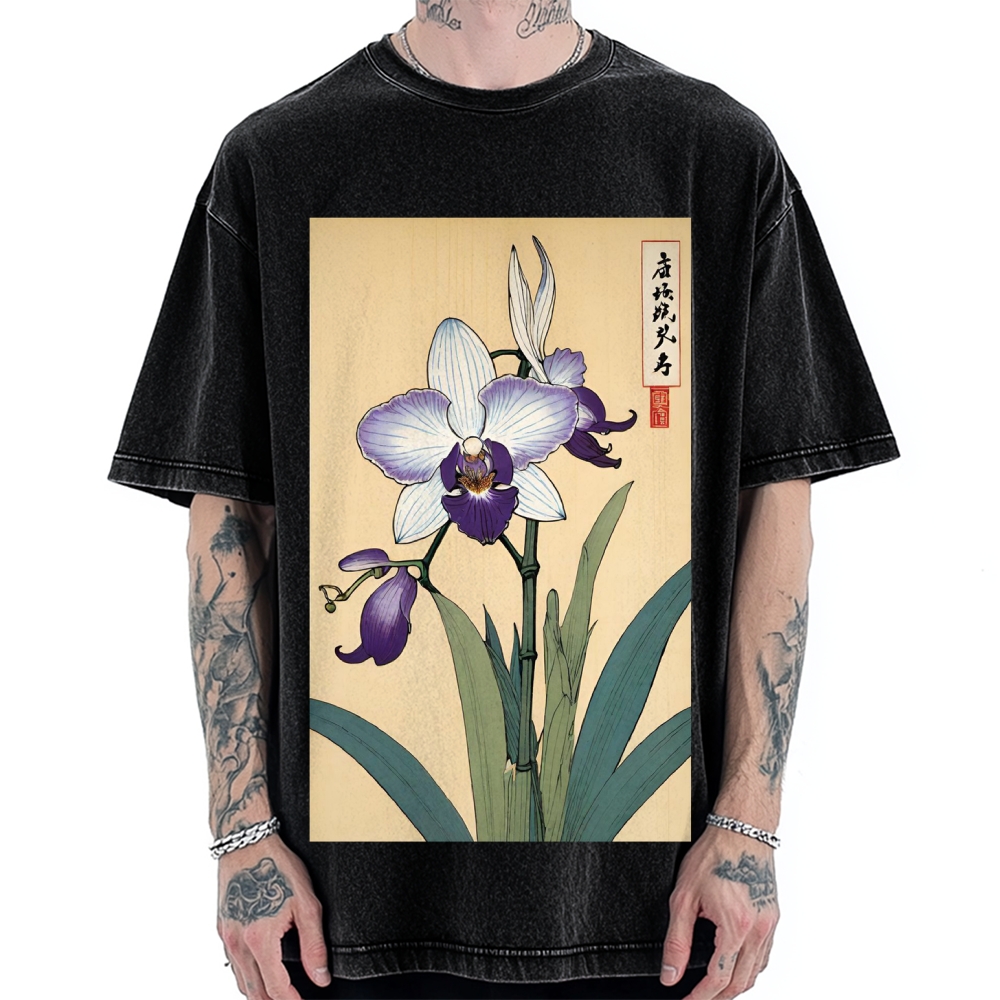 Japanese Orchid Ukiyo-E Style Vintage Washed T-shirt