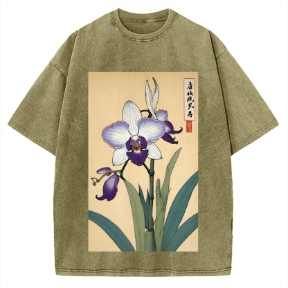 Japanese Orchid Ukiyo-E Style Vintage Washed T-shirt
