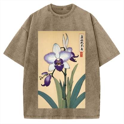 Japanese Orchid Ukiyo-E Style Vintage Washed T-shirt
