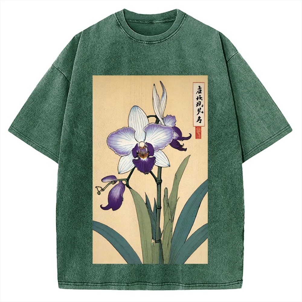 Japanese Orchid Ukiyo-E Style Vintage Washed T-shirt