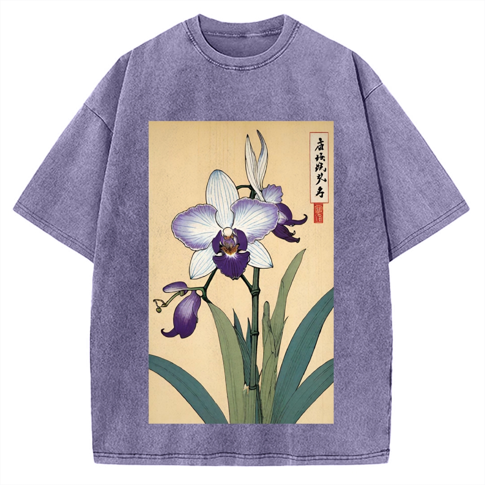 Japanese Orchid Ukiyo-E Style Vintage Washed T-shirt