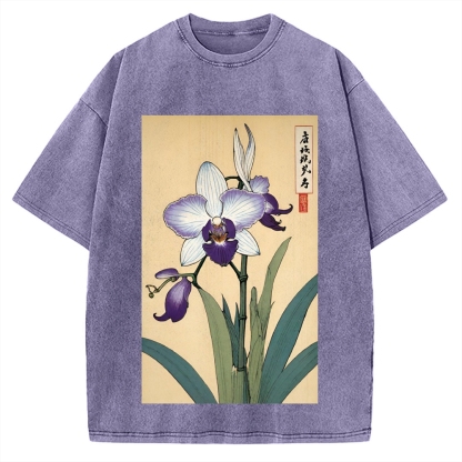 Japanese Orchid Ukiyo-E Style Vintage Washed T-shirt