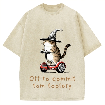 Off To Commit Tom Foolery Cat Vintage Washed T-shirt