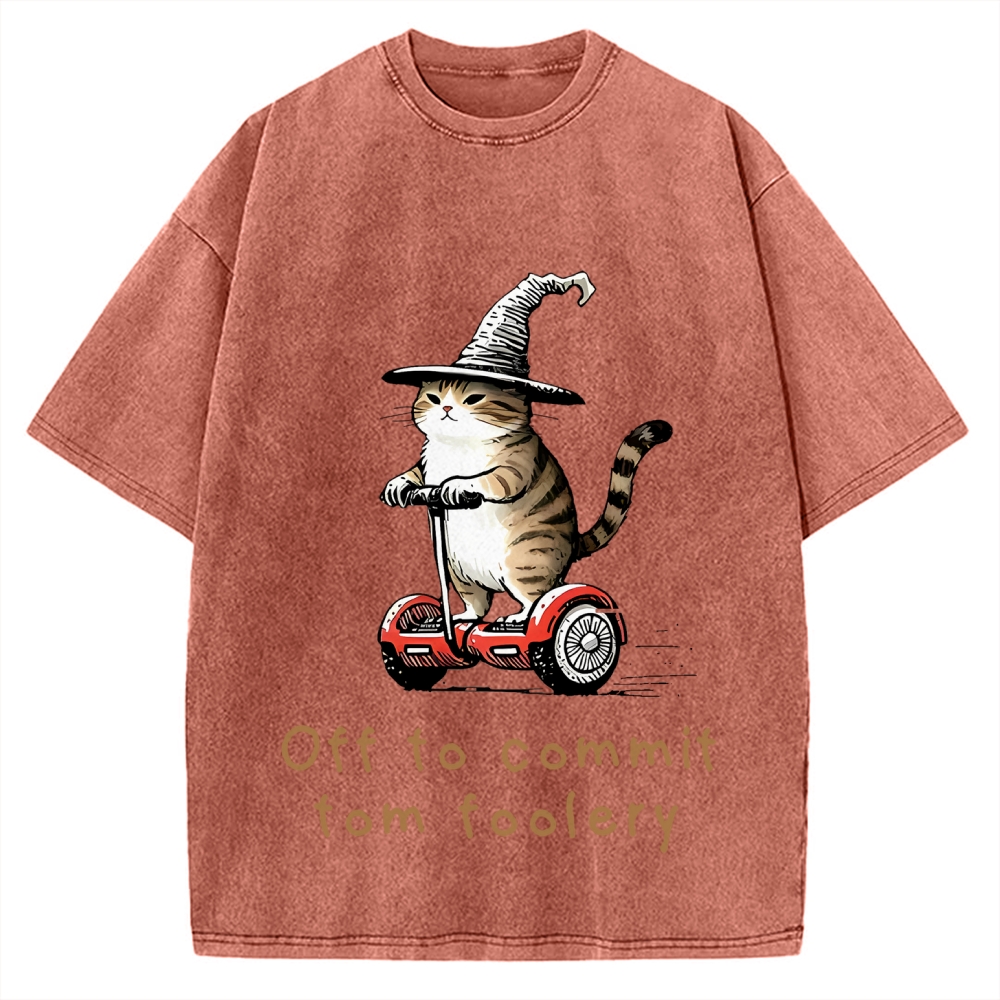 Off To Commit Tom Foolery Cat Vintage Washed T-shirt