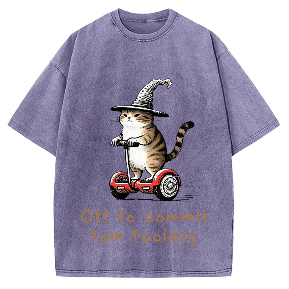 Off To Commit Tom Foolery Cat Vintage Washed T-shirt
