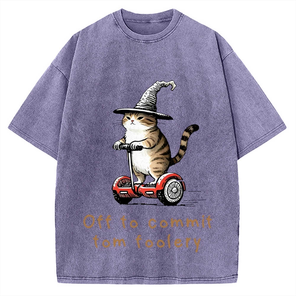 Off To Commit Tom Foolery Cat Vintage Washed T-shirt