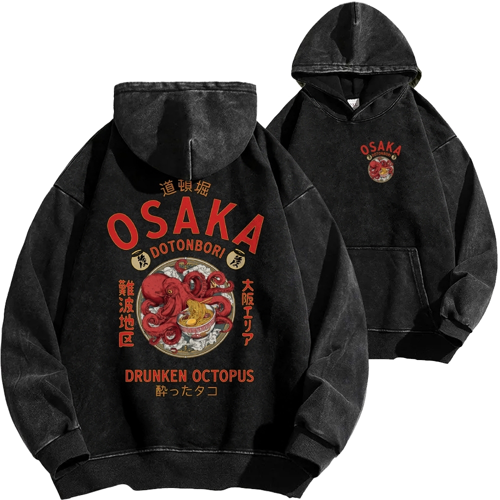 Tokyo-Assassin Osaka Drunken Octopus Eating Ramen Front And Back Printing Vintage Washed Hoodie