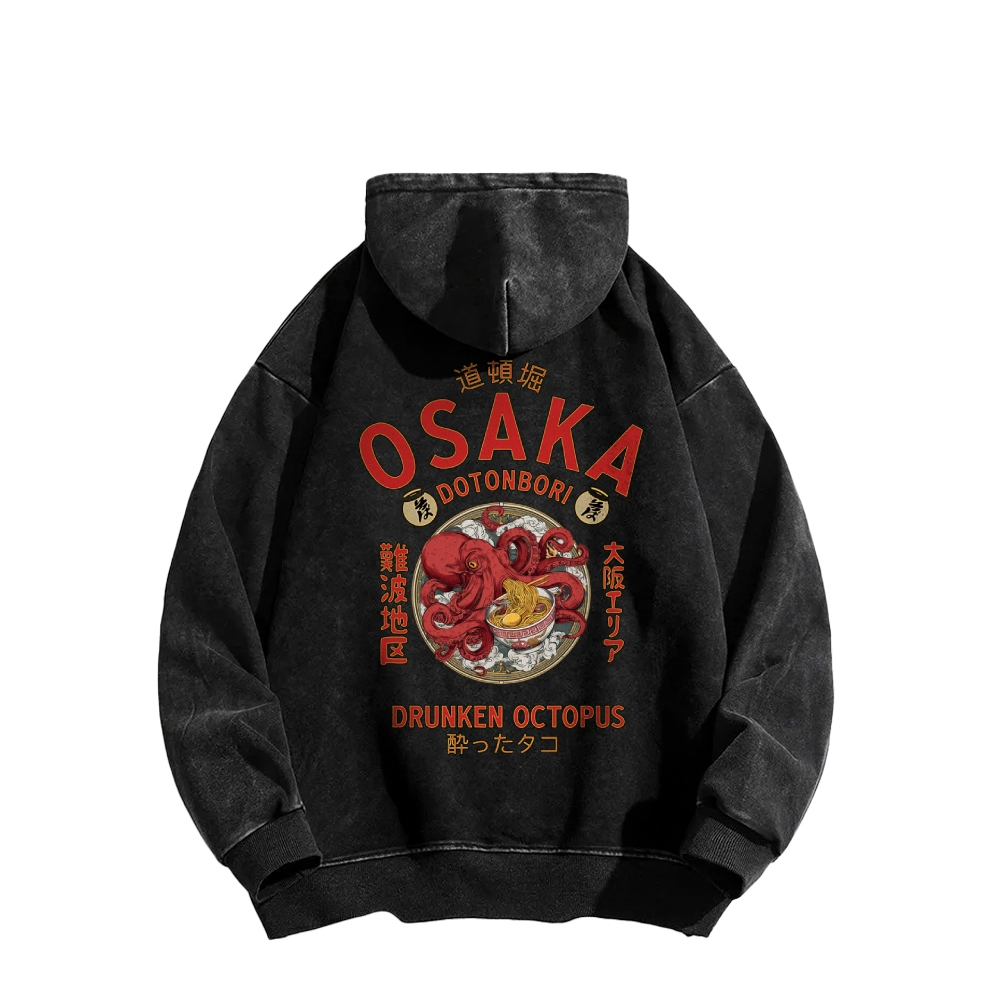 Tokyo-Assassin Osaka Drunken Octopus Eating Ramen Front And Back Printing Vintage Washed Hoodie