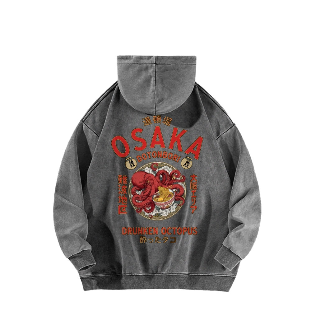 Tokyo-Assassin Osaka Drunken Octopus Eating Ramen Front And Back Printing Vintage Washed Hoodie