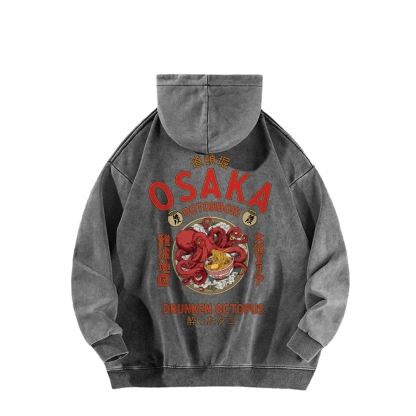Tokyo-Assassin Osaka Drunken Octopus Eating Ramen Front And Back Printing Vintage Washed Hoodie
