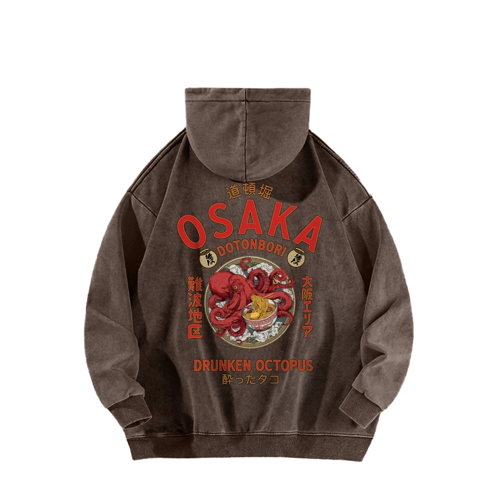 Tokyo-Assassin Osaka Drunken Octopus Eating Ramen Front And Back Printing Vintage Washed Hoodie