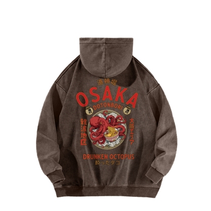 Tokyo-Assassin Osaka Drunken Octopus Eating Ramen Front And Back Printing Vintage Washed Hoodie