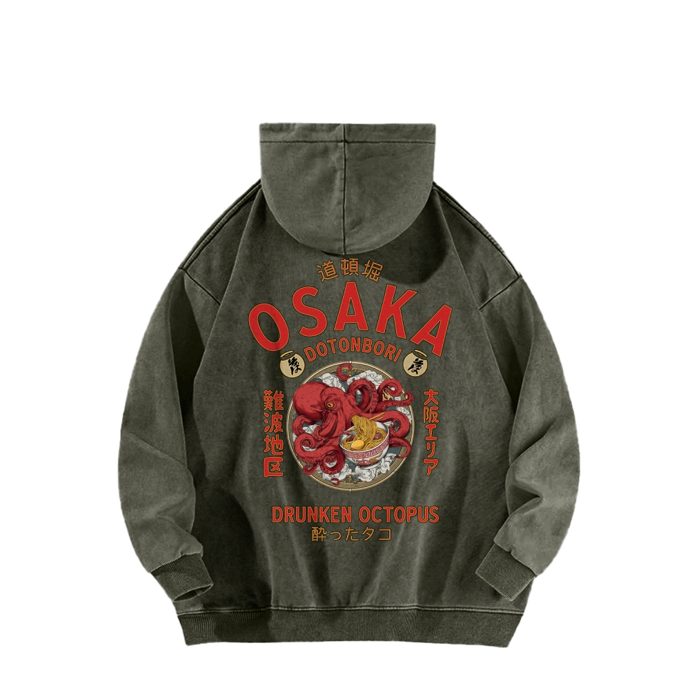 Tokyo-Assassin Osaka Drunken Octopus Eating Ramen Front And Back Printing Vintage Washed Hoodie