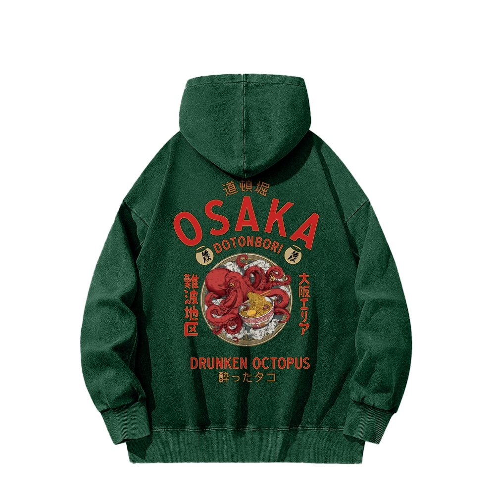 Tokyo-Assassin Osaka Drunken Octopus Eating Ramen Front And Back Printing Vintage Washed Hoodie