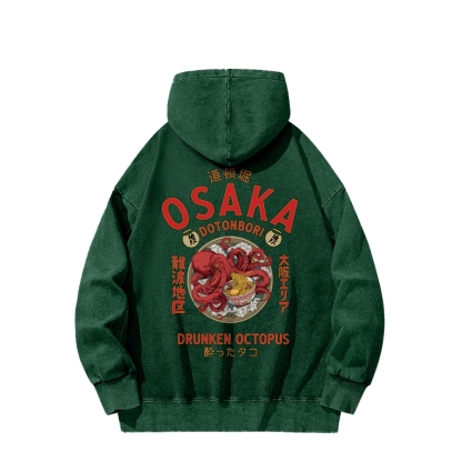 Tokyo-Assassin Osaka Drunken Octopus Eating Ramen Front And Back Printing Vintage Washed Hoodie