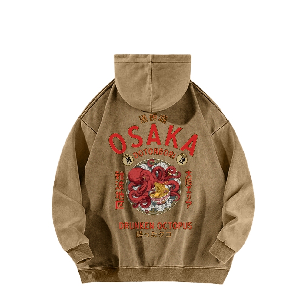 Tokyo-Assassin Osaka Drunken Octopus Eating Ramen Front And Back Printing Vintage Washed Hoodie