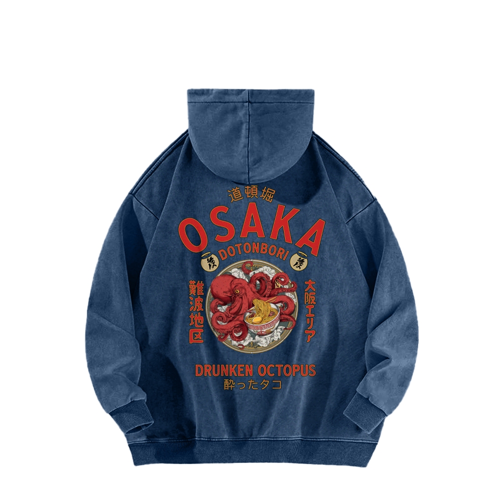 Tokyo-Assassin Osaka Drunken Octopus Eating Ramen Front And Back Printing Vintage Washed Hoodie