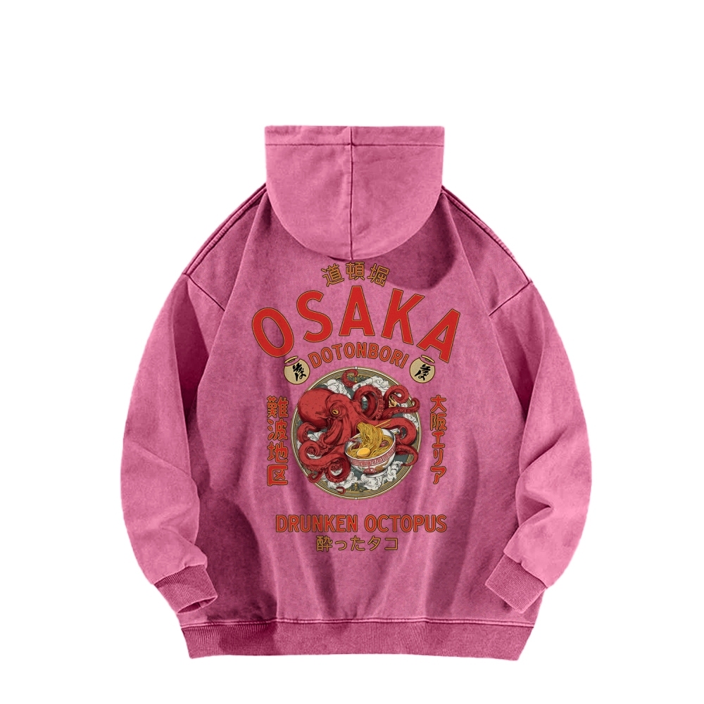 Tokyo-Assassin Osaka Drunken Octopus Eating Ramen Front And Back Printing Vintage Washed Hoodie