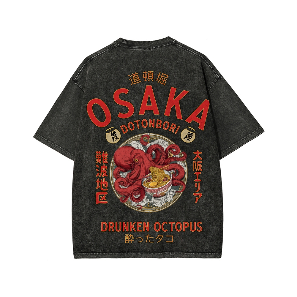 Tokyo-Assassin Osaka Drunken Octopus Eating Ramen Front And Back Printing Washed T-shirt