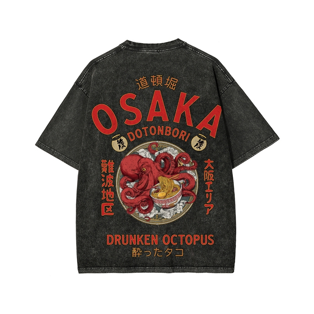 Tokyo-Assassin Osaka Drunken Octopus Eating Ramen Front And Back Printing Washed T-shirt