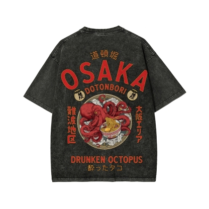 Tokyo-Assassin Osaka Drunken Octopus Eating Ramen Front And Back Printing Washed T-shirt